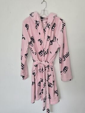 Juicy Couture Pink Hooded Robe L/XL Plush Logo Crown Belted Cozy Y2K